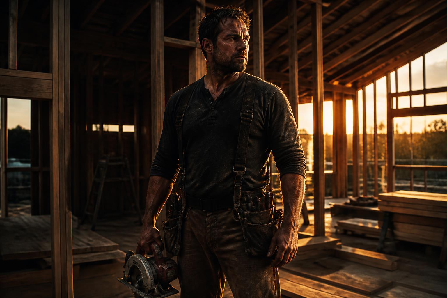 Contractor on jobsite at golden hour